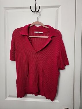 Mr. Turk Short-Sleeve  Crochet Knit Polo in Deep Pink
